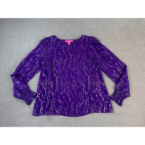 Lilly Pulitzer Idina Blouse Top Long Sleeve Silk Blend Purple Gold Medium - Picture 2 of 8